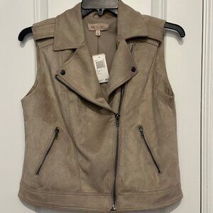 Philosophy Taupe Sleeveless Moto Vest Jacket L With Zipper Pockets & Notch Lapel